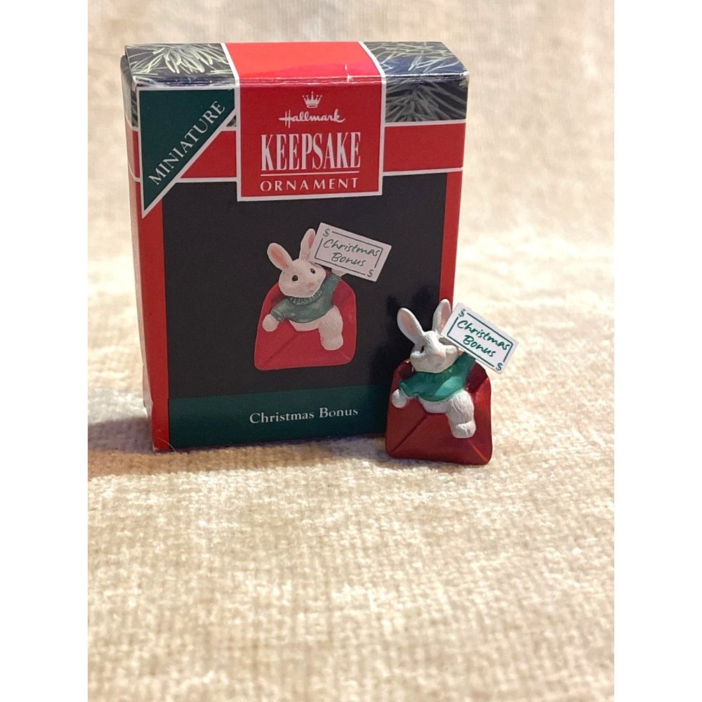 Vintage 90s Hallmark Keepsake Ornament Pendant Miniature Christmas Bonus Rabbit